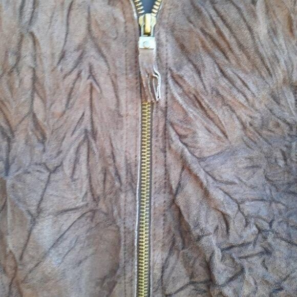 Isaac Mizrahi Leather Suede Jacket Moto Distressed Crinkle Textured Brown Sz M - Picture 6 of 14